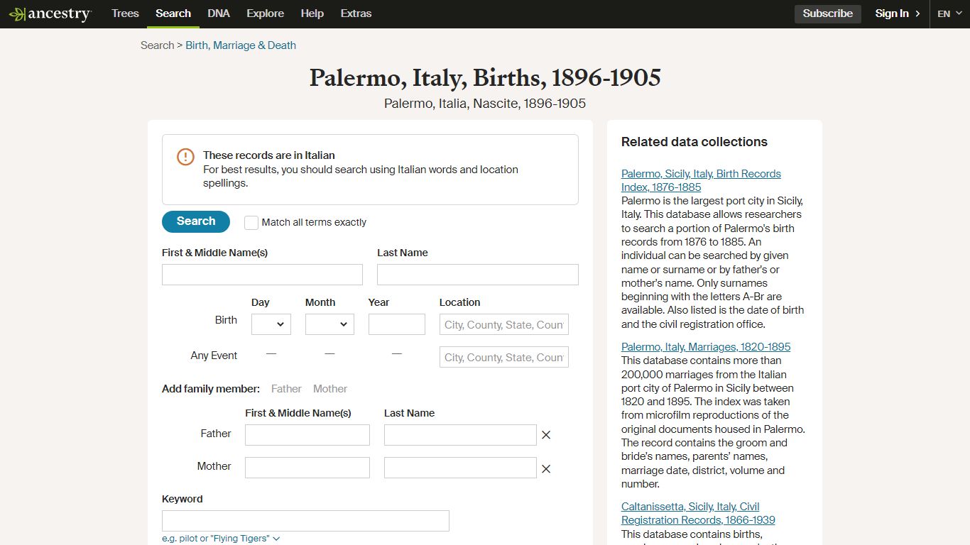 Palermo, Italy, Births, 1896-1905 - Ancestry